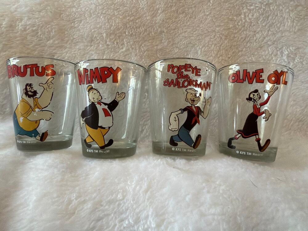 Popeye Drinking Shot Glasses Set of 4 Brutus Wimpy Olive Oyl KFS Hearst Tumblers